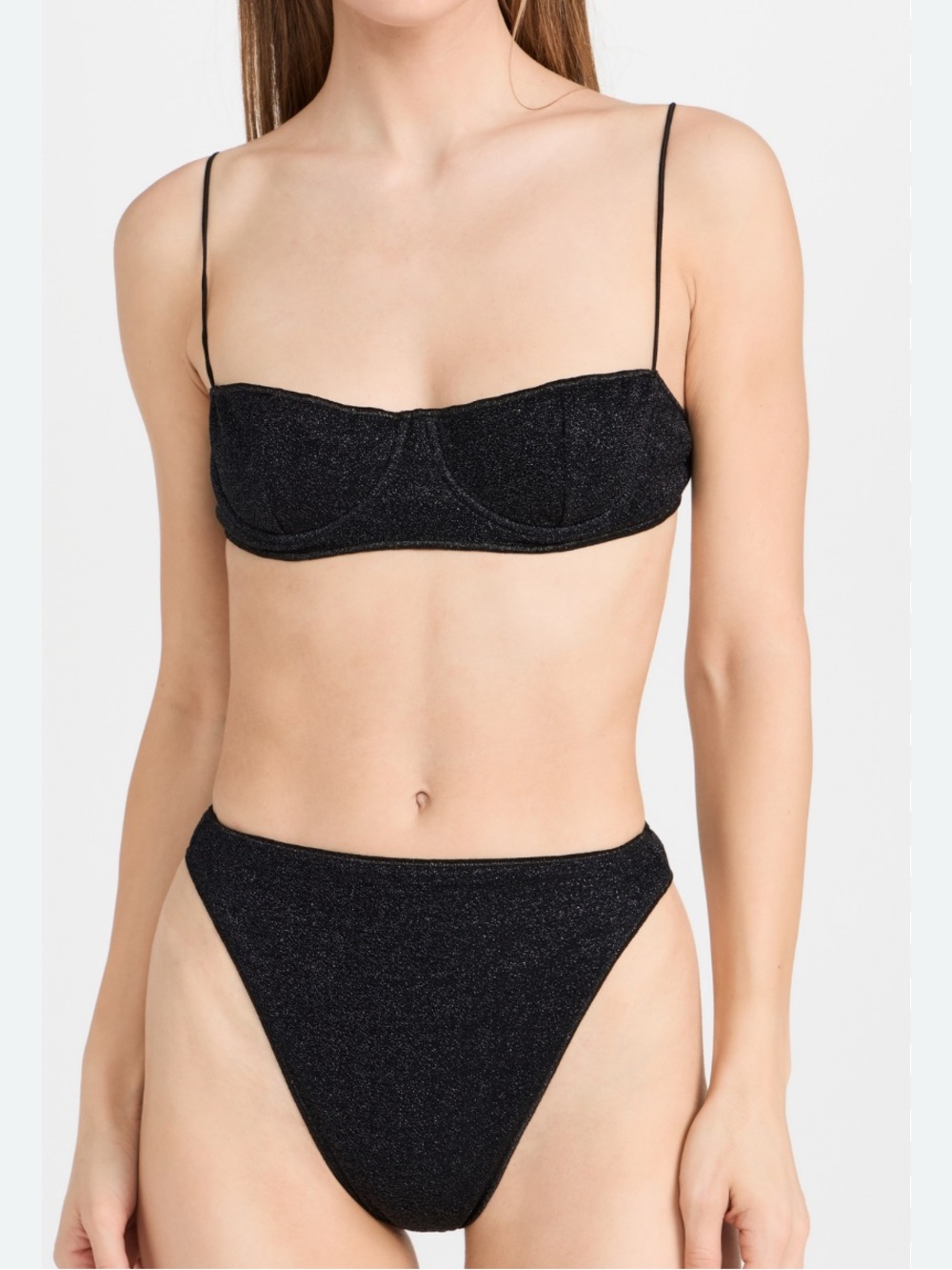 Oseree Black Lurex Balconette Bikini Top with High-Cut Bottom